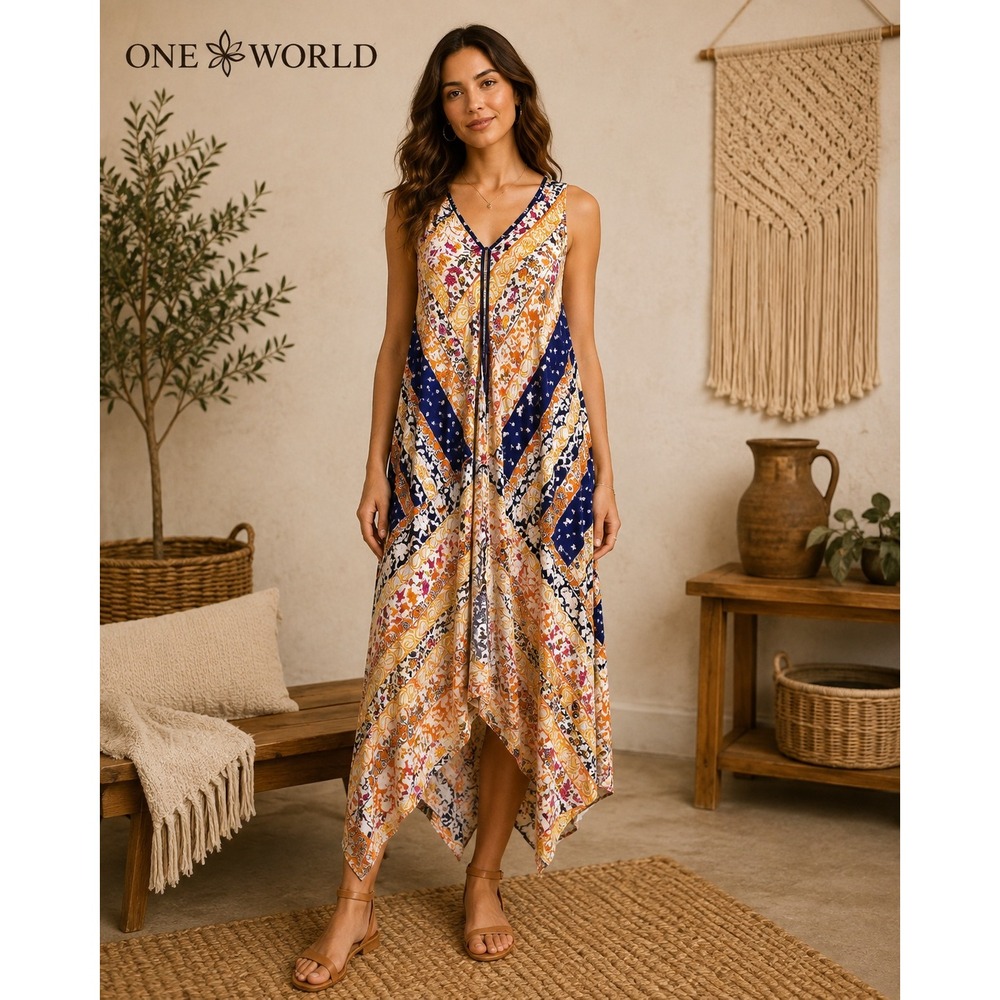One World Live and Let Live Mixed Print Handkerchief Hem Midi Dress Blue Size XS